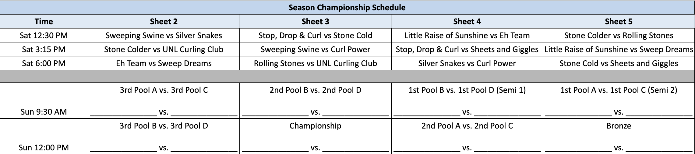 Season Championship Schedule